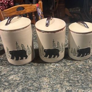 Rustic Bear Design Ceramic Canister Set - Cream